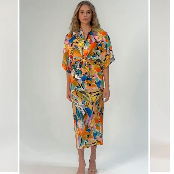 Lavender Brown Adele Tie Front Top Shrug Nude Orange Print #AYL7810N39 Small NEW - Picture 3 of 9